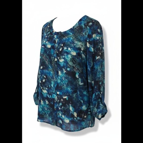 Anne Klein Women’s Large Blue Abstract Print Blouse 3/4 Sleeve Tunic Top - Picture 1 of 8